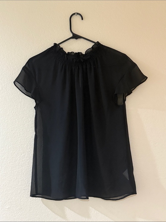 Express Tops - Express Black Sheer Ruffle-Neck Short Sleeve Blouse